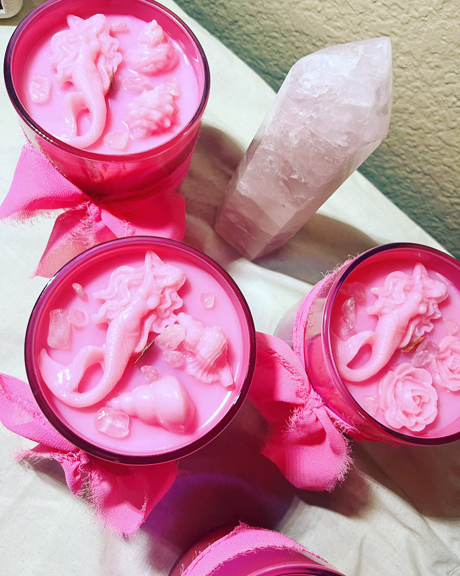 White Sandalwood + Smoke Barbie Pink Mermaid Iridescent Luxury Candle