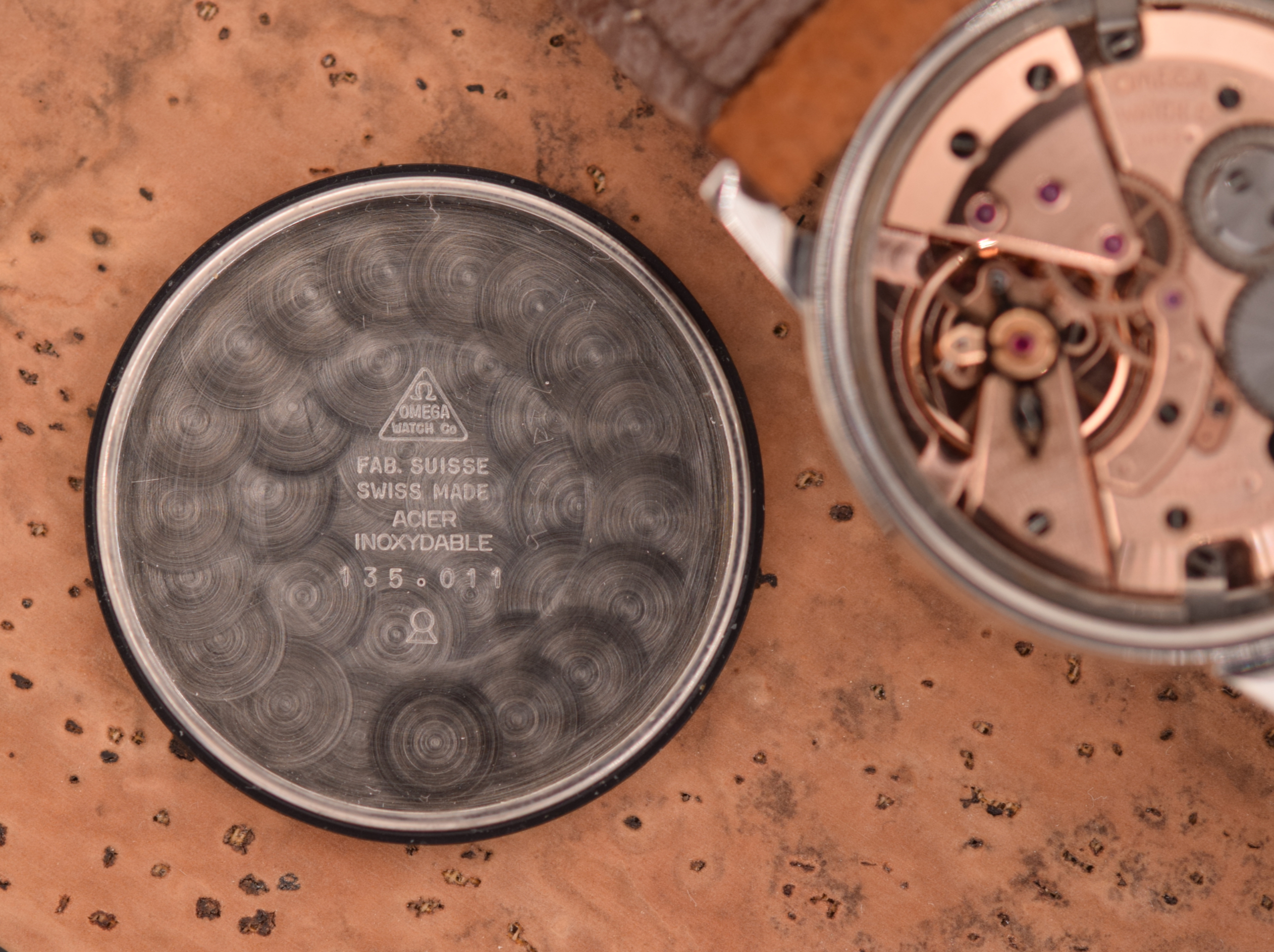 Omega Seamaster 135.011. Internal back marked 135.011. · Photo: Vision Vintage Watches · © Vision Vintage Watches; permission not yet confirmed · Source: https://www.visionvintagewatches.com/product-page/1965-omega-seamaster-600-full-arabic