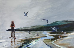 Large seagulls and cowgirl