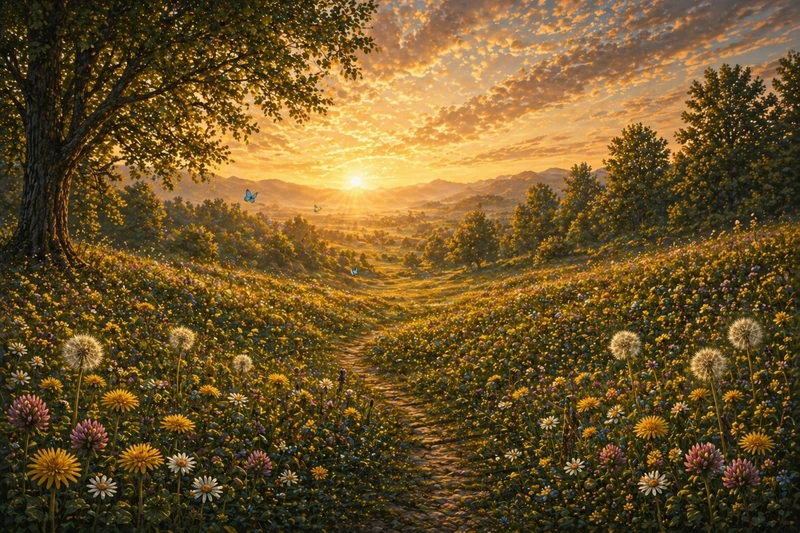 A meadow filled with dandelions and a path through the center. The sun is rising in the distance. The journey begins here.