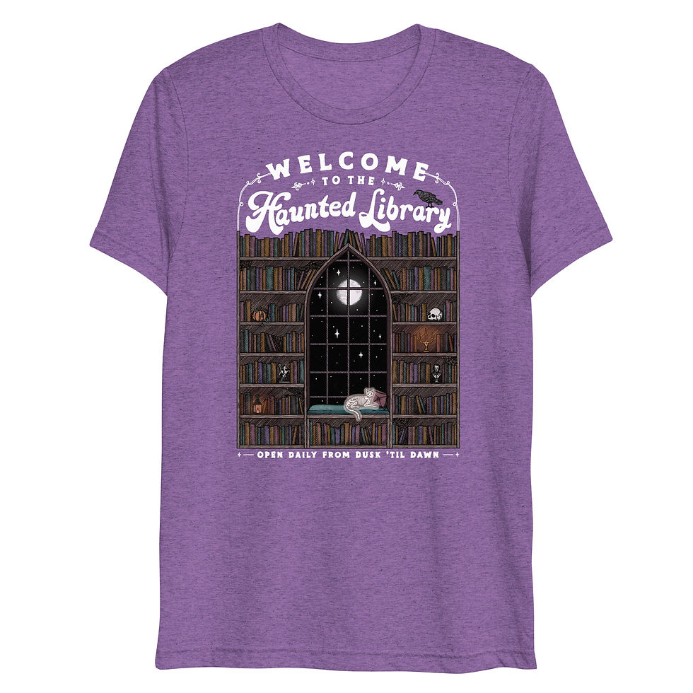 Thumbnail: Welcome to the Haunted Library || Unisex Lightweight Triblend Tshirt - White Ink
