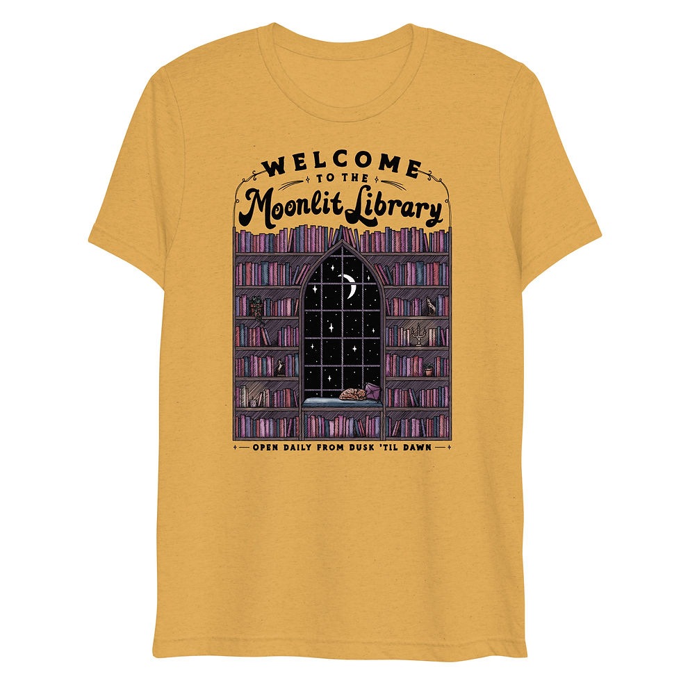 Thumbnail: Welcome to the Moonlit Library || Unisex Lightweight Triblend Tshirt - Black Ink