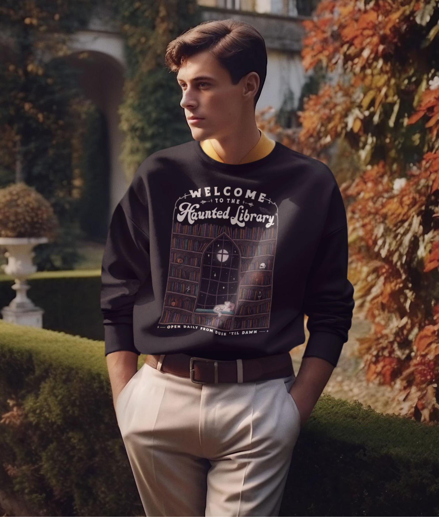Welcome to the Haunted Library || Unisex Crewneck Sweatshirt - White Ink