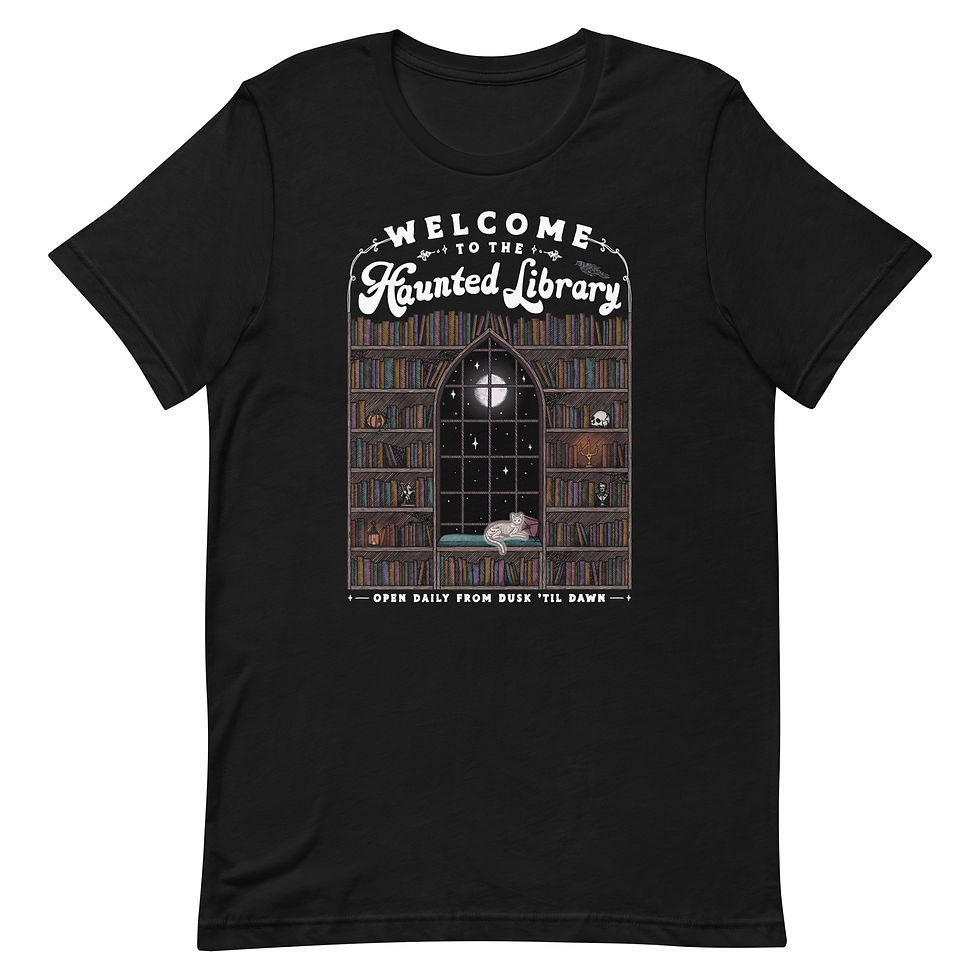 Thumbnail: Welcome to the Haunted Library || Unisex Classic T-shirt / White Ink
