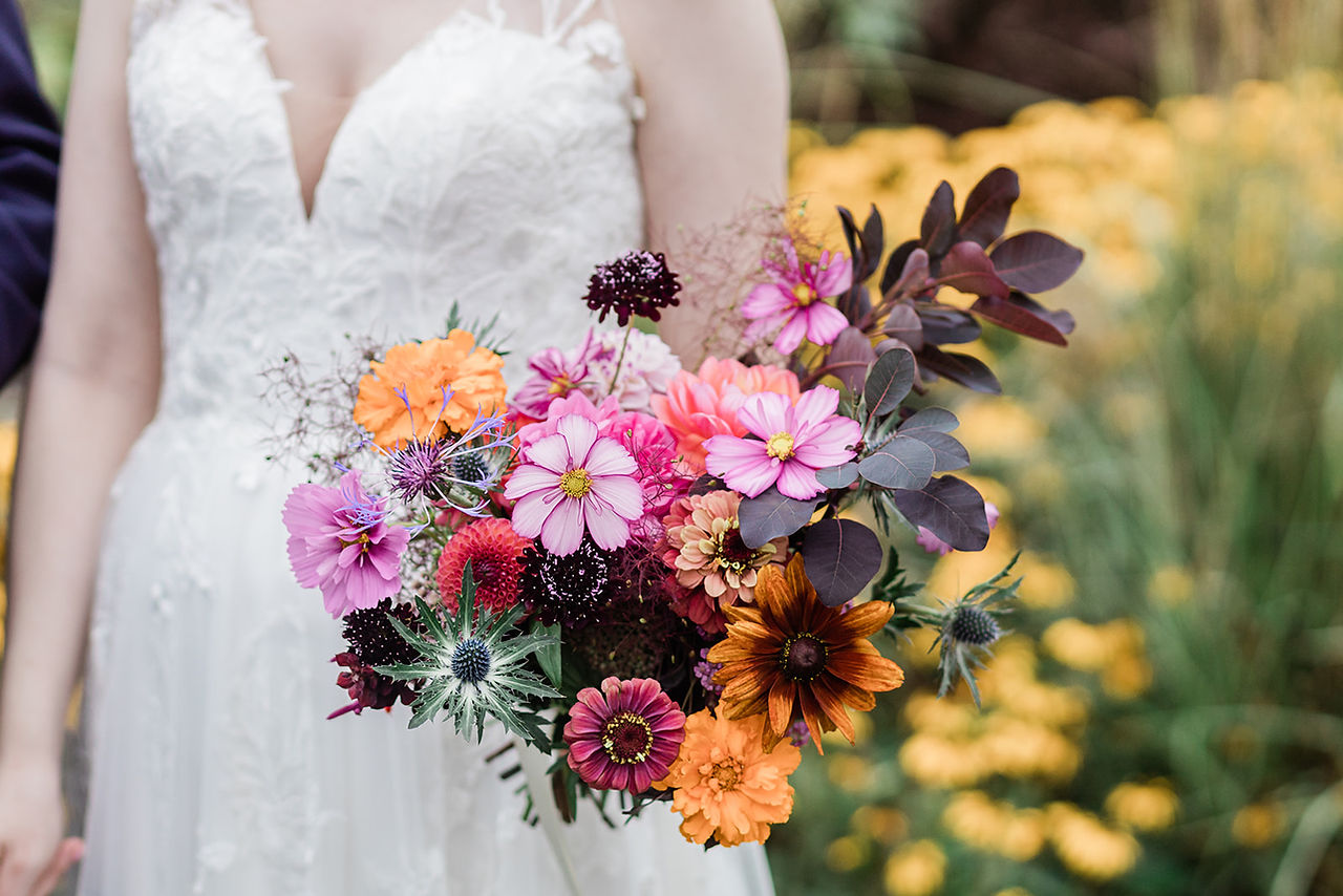 Autumnal bridal bouquet at Somerset barn wedding