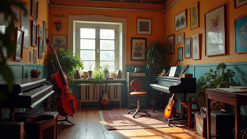 Eye-level view of a vibrant music studio with instruments and artwork