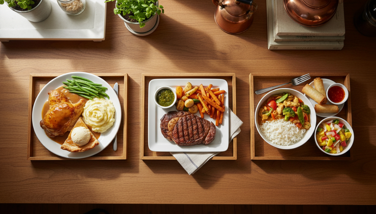 Overhead view of three prepared meal trays on a kitchen table