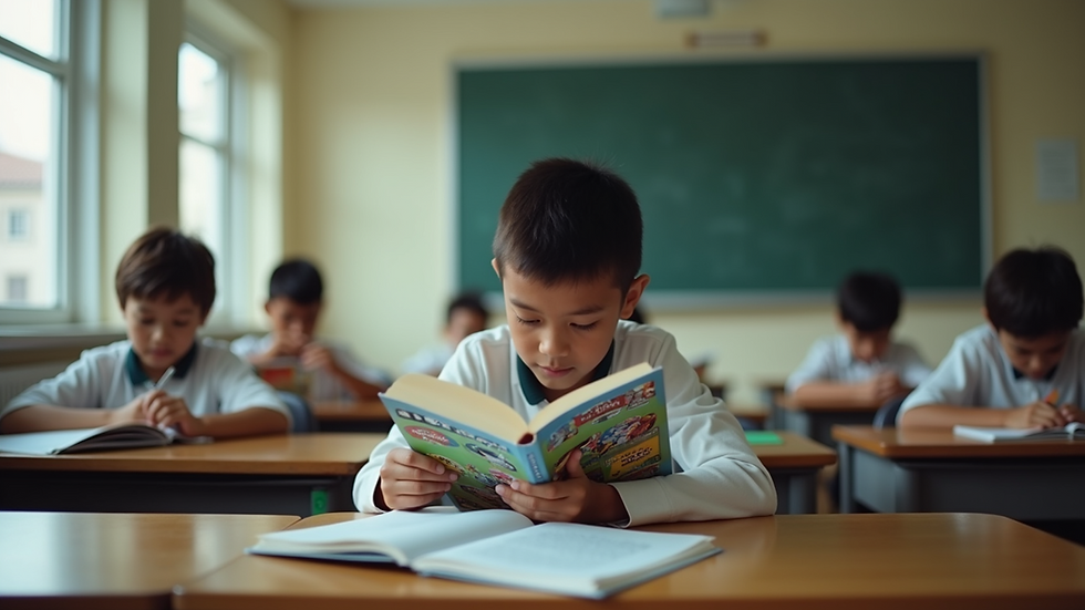 Eye-level view of a student reading a comic book in a classroom