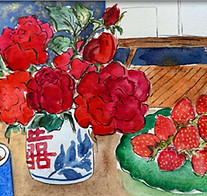 桌上的草莓和父亲折来的月季25x21.JPG