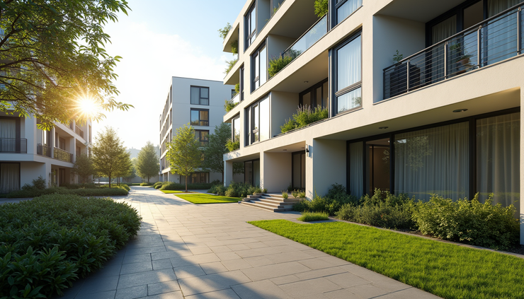 Eye-level view of a modern residential building with well-maintained landscaping