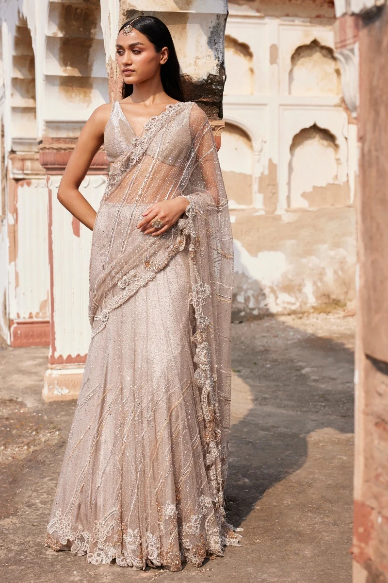 Dolly J studio hecate dusty lvory shimmer tulle bridal lehenga sari
