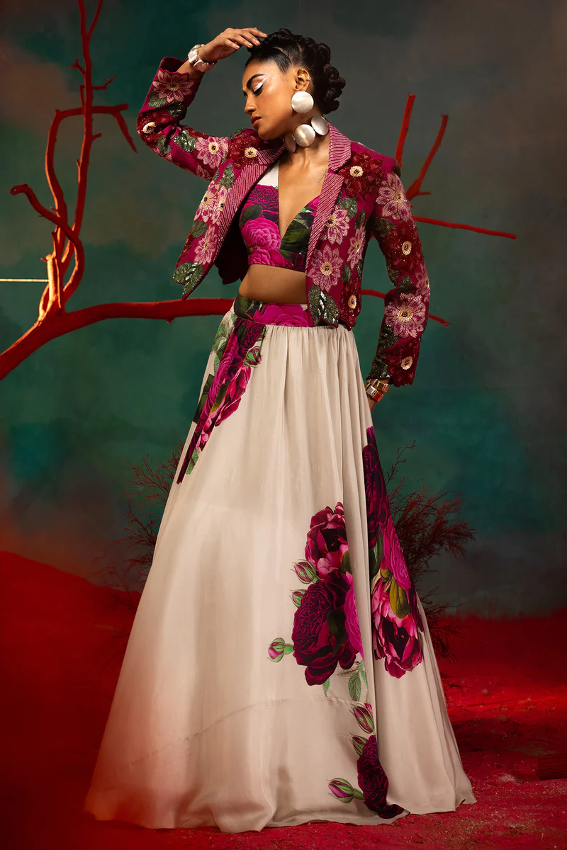 Gazal Gupta Floral crop blazer with lehenga