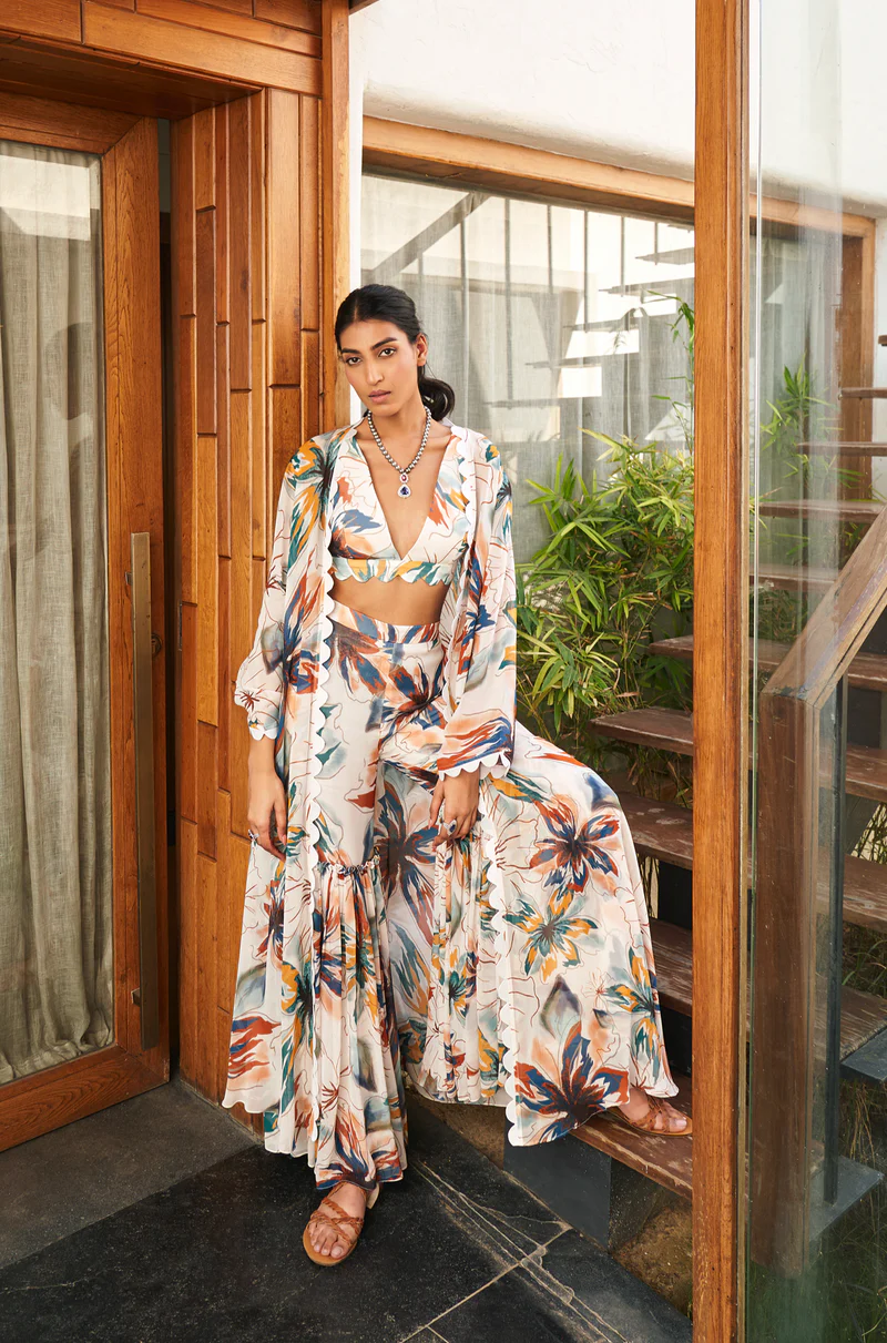 Varun Bahl Summer flower Ivory Sharara set with overlay