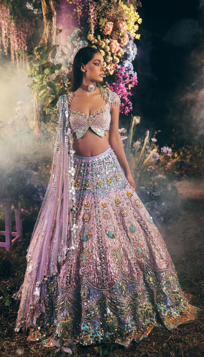 Papa Don't Preach by Shubhika titania lilac blue applique butterfly lehenga