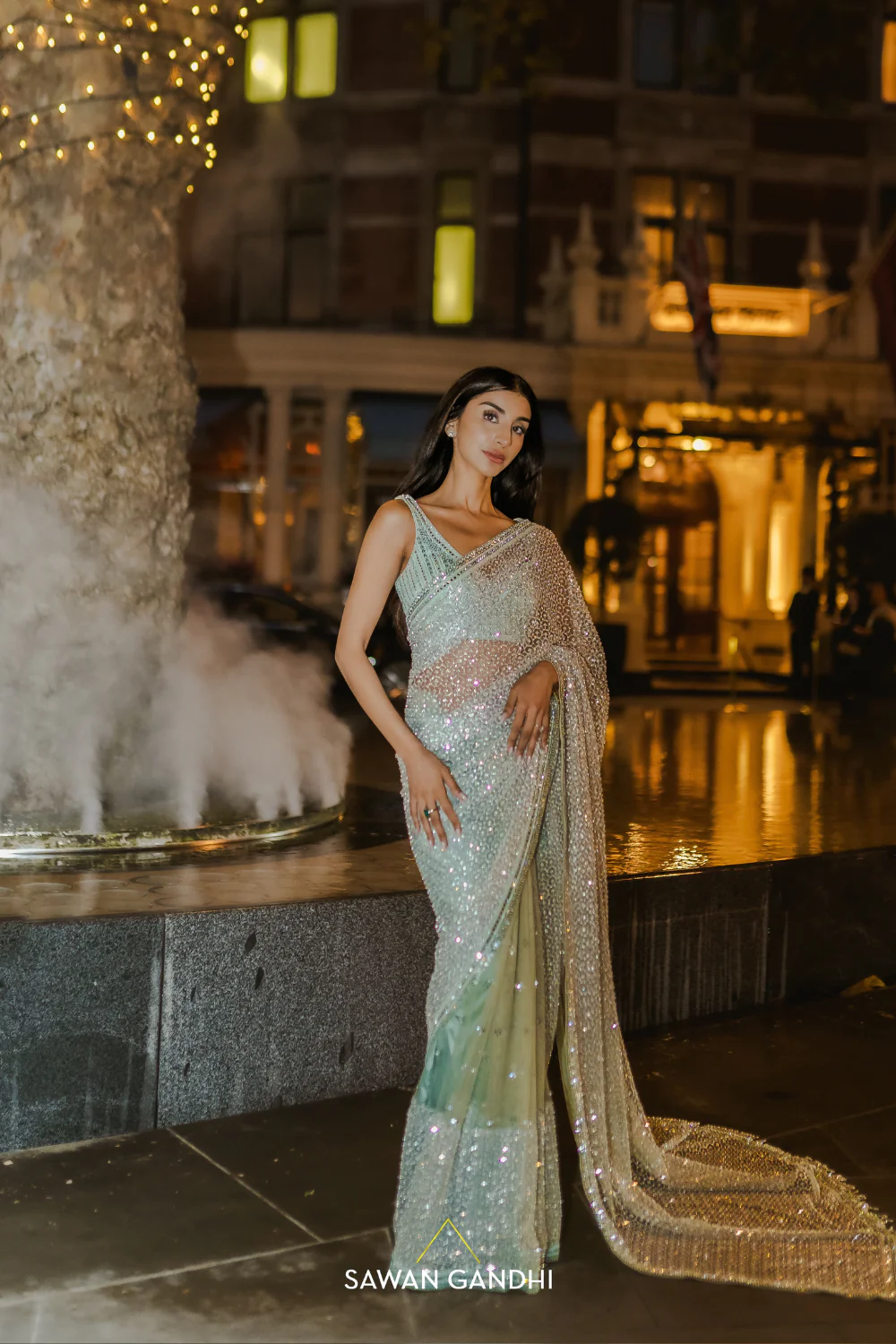 Sawan Gandhi sage green glass bead honeycomb saree