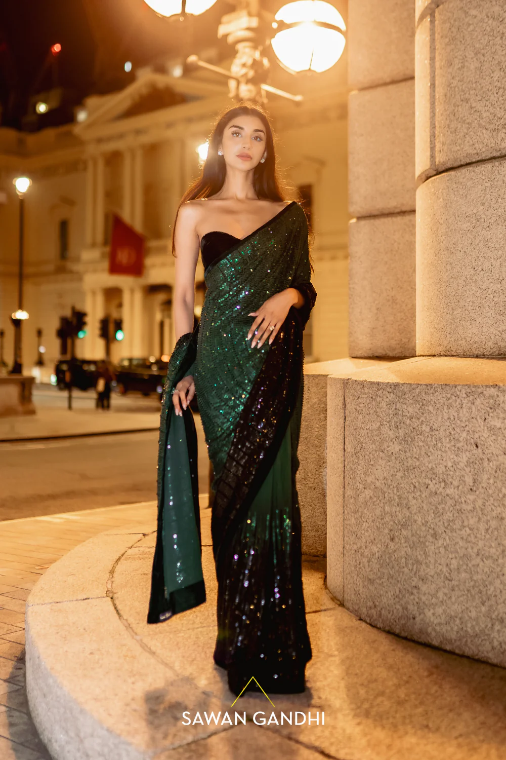 Sawan Gandhi emerald green to black ombre saree