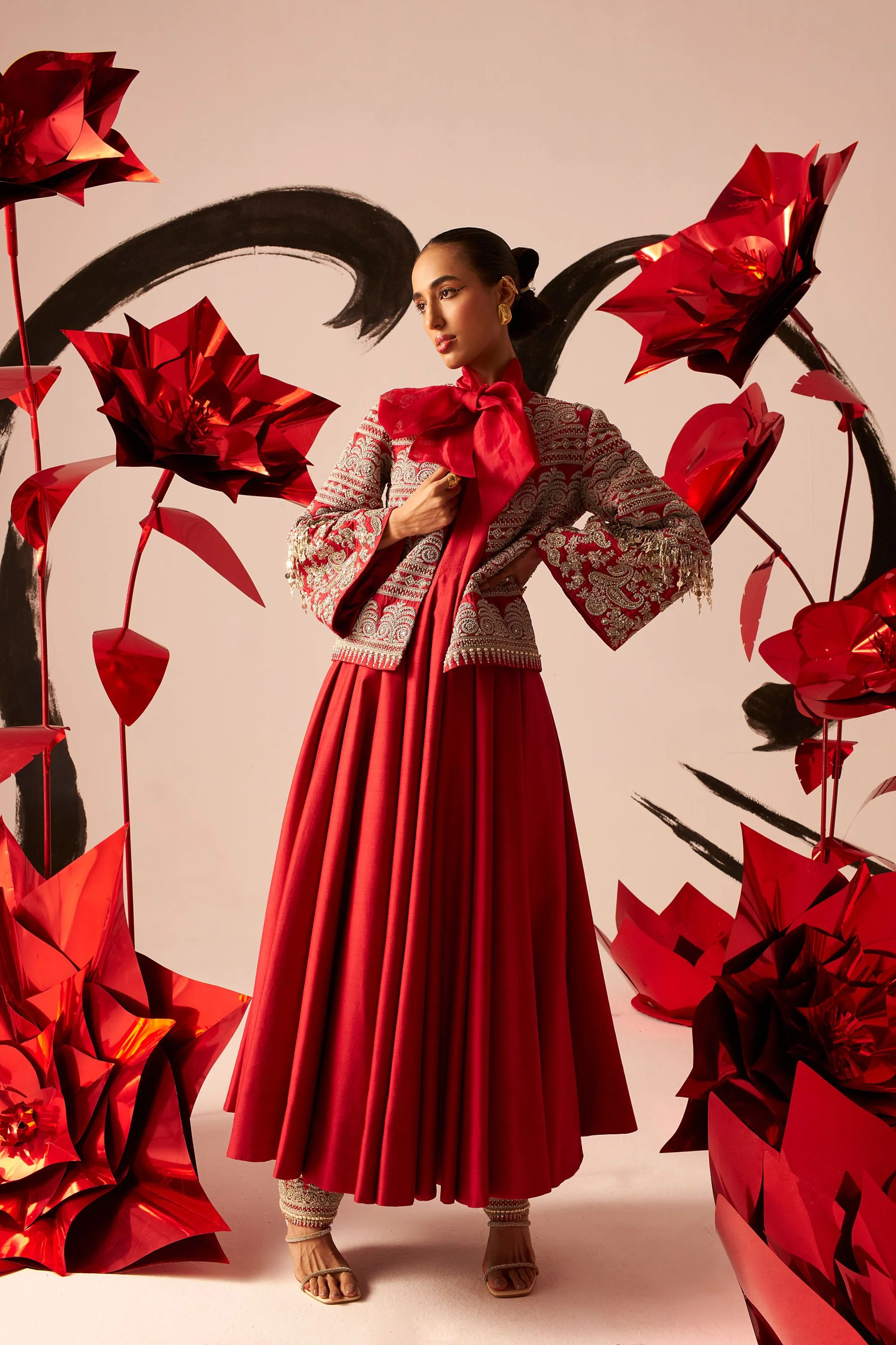 Bhumika Sharma retro red bow anarkali with jacket
