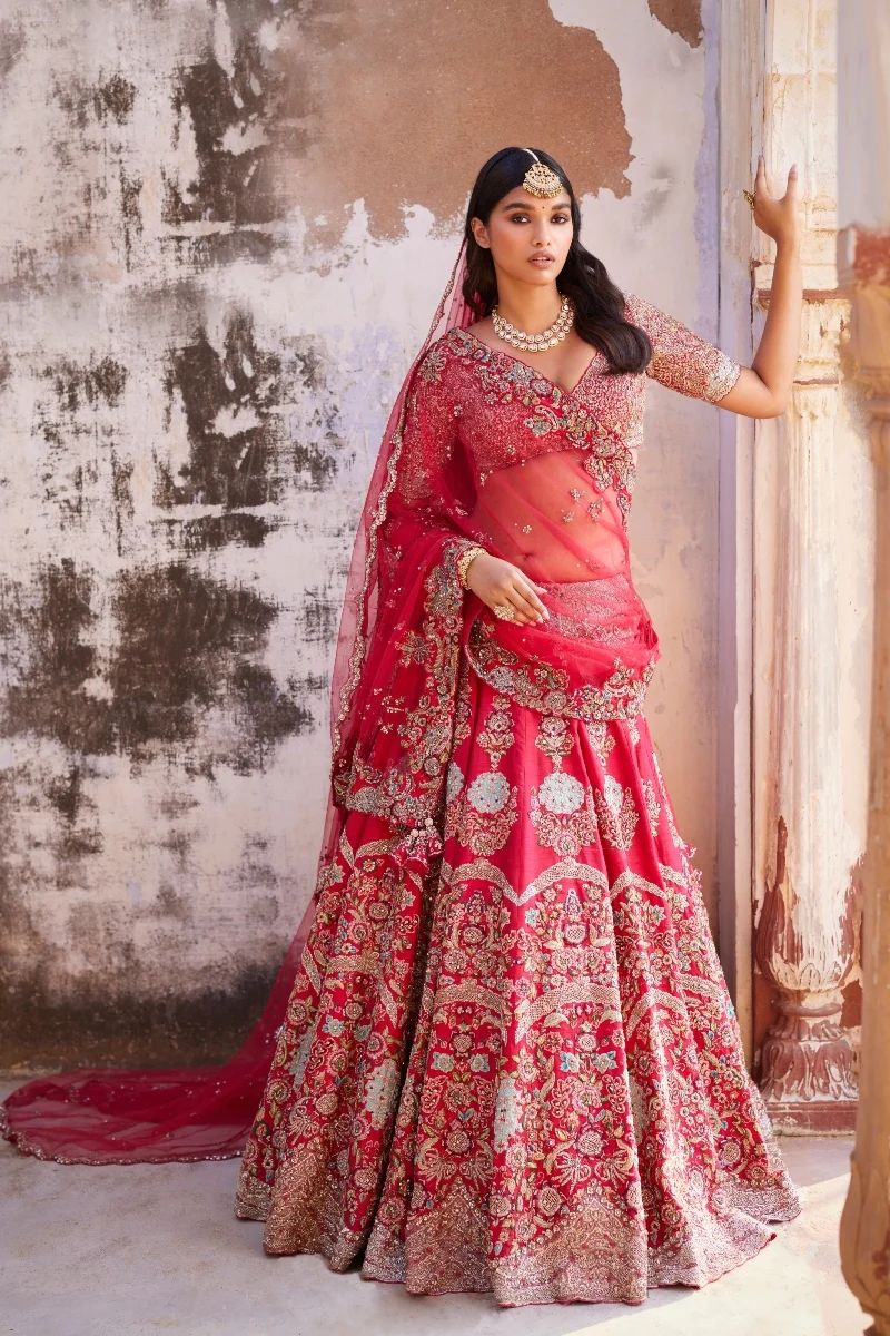 Dolly J studio thalia red raw silk bridal lehenga