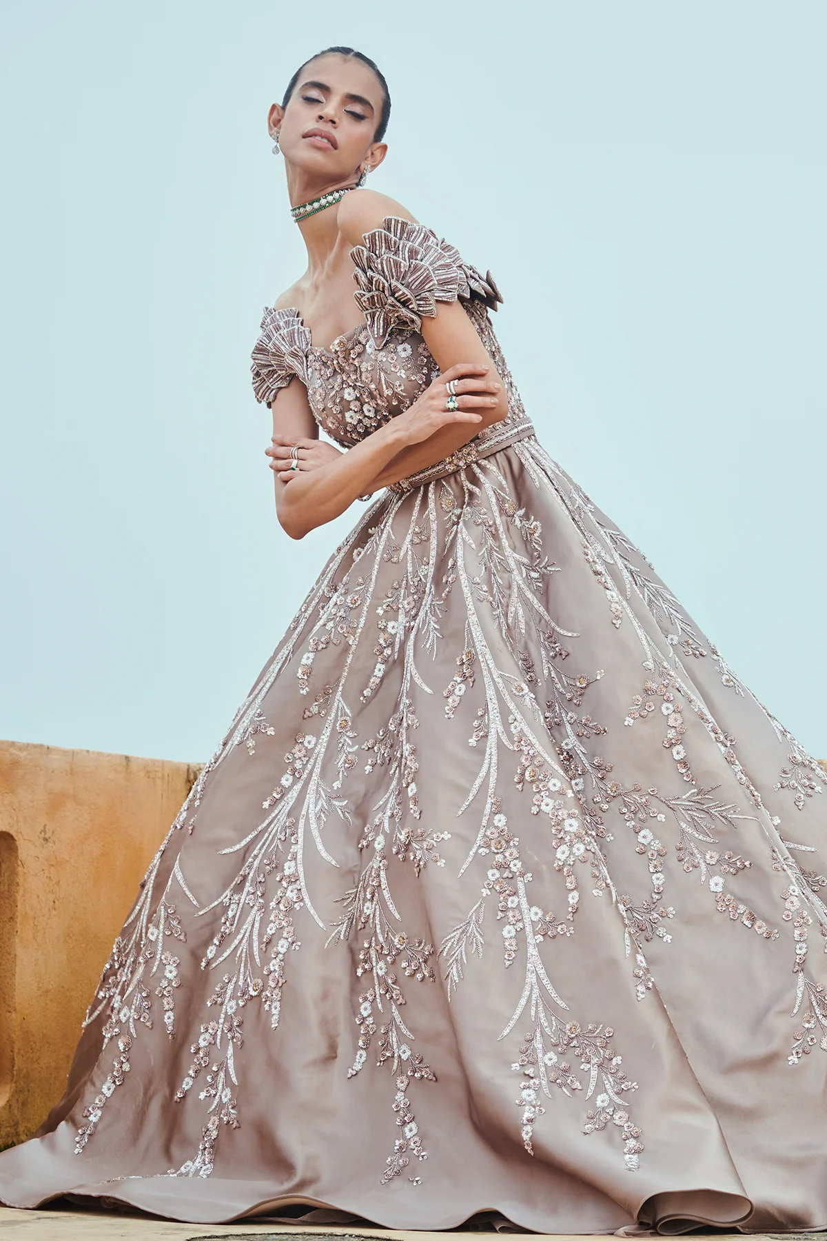 Rachit Khanna Mouse grey gown with Spike embroidered sleeves