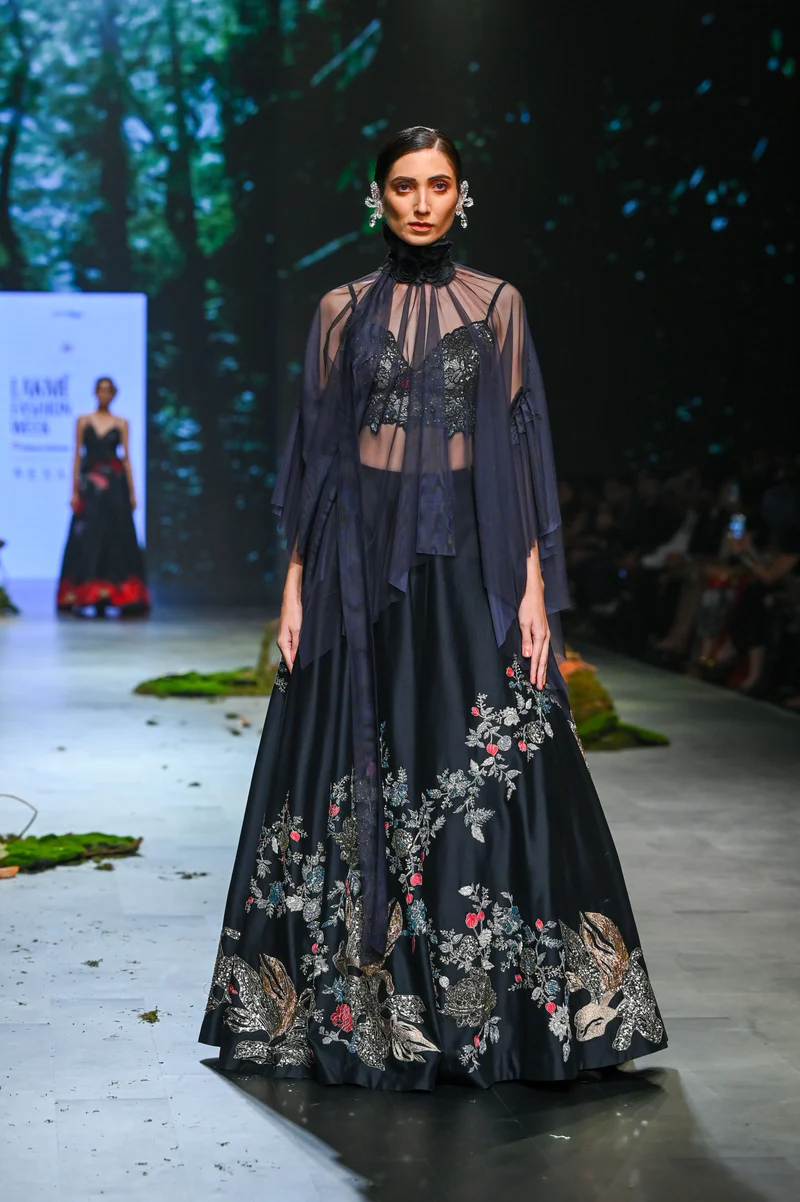Varun Bahl Black embroidered lehenga set with Cape