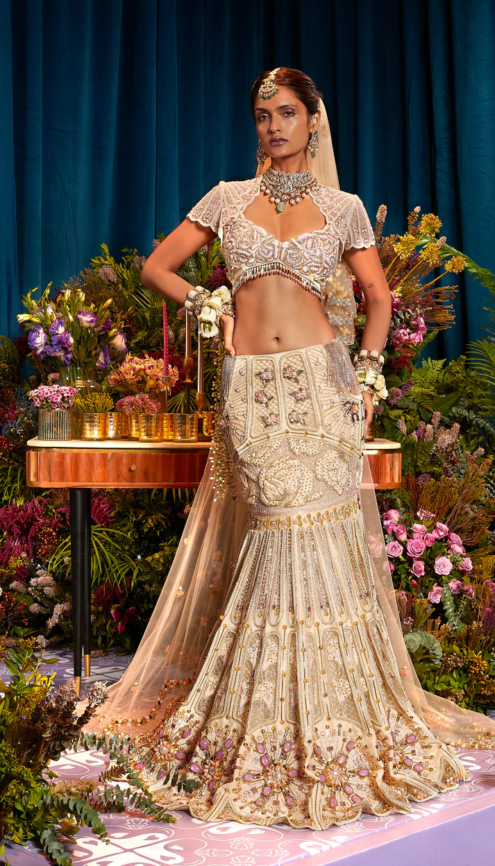 Papa Don't Preach by Shubhika aria ivory pearl lehenga