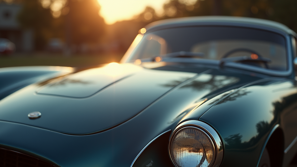 Close-up view of a classic car's polished paint reflecting sunlight