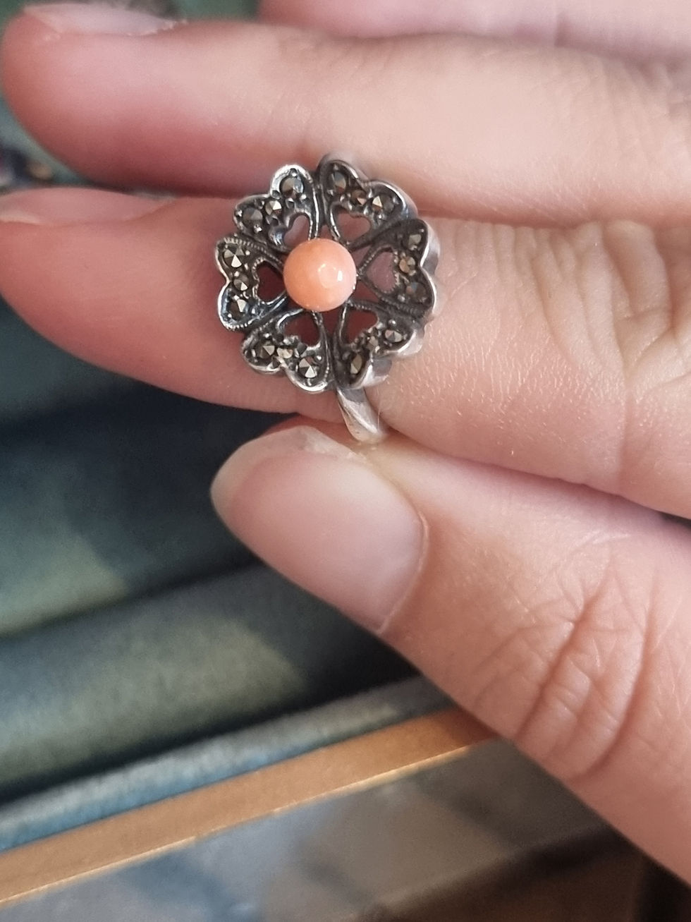 Thumbnail: Coral marcasite flower ring