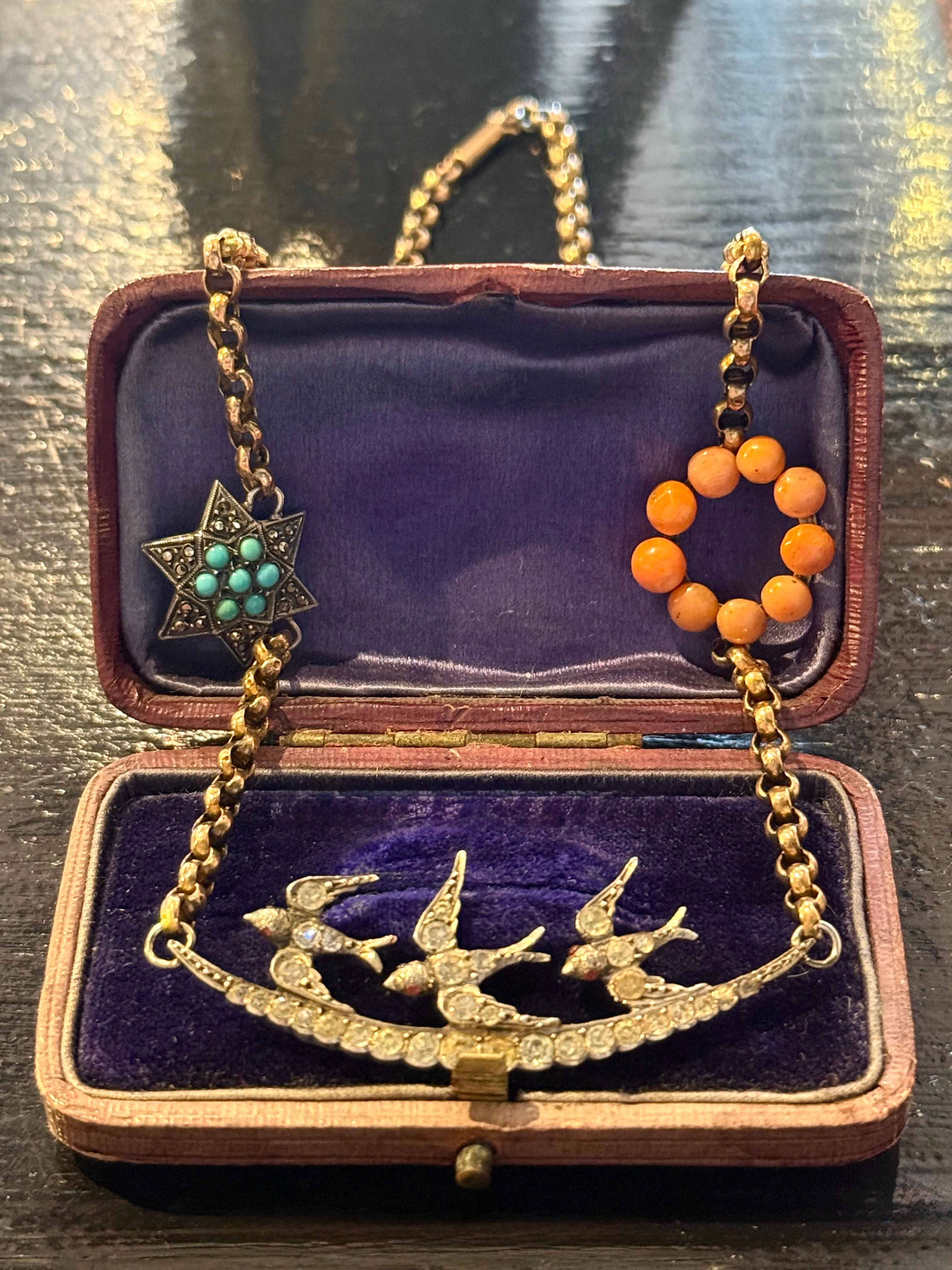 Victorian trilogy necklace in 9ct gold & silver + swallows, turquoise and coral