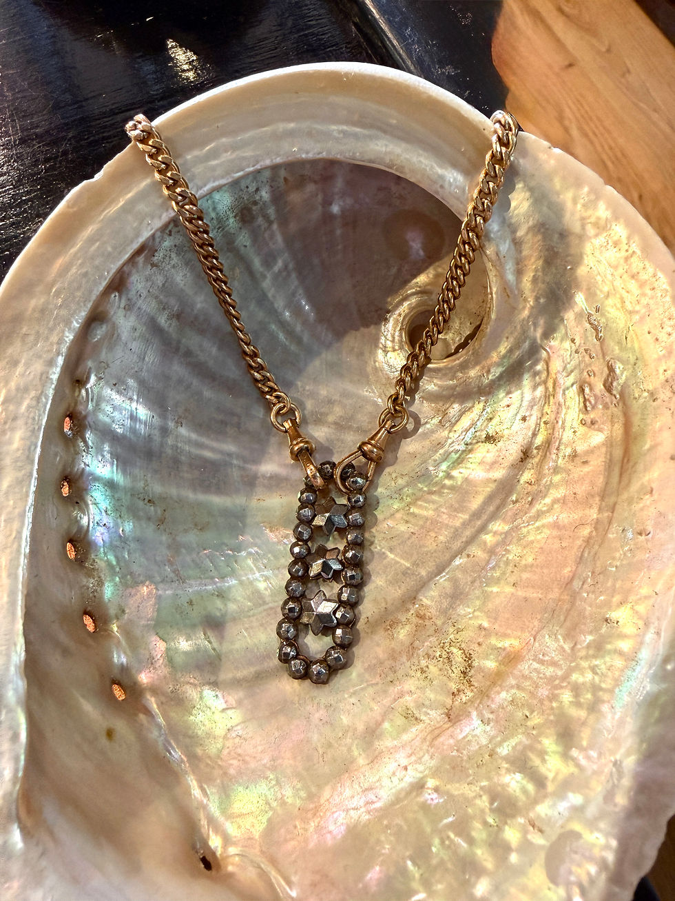 Thumbnail: Antique Albert chain with cut steel stars pendant