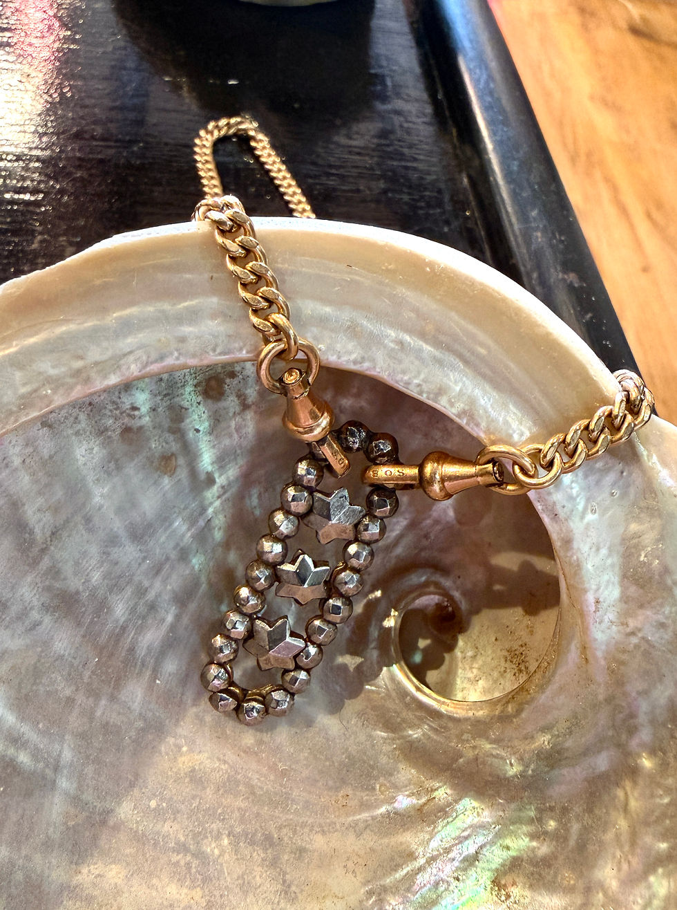 Thumbnail: Antique Albert chain with cut steel stars pendant