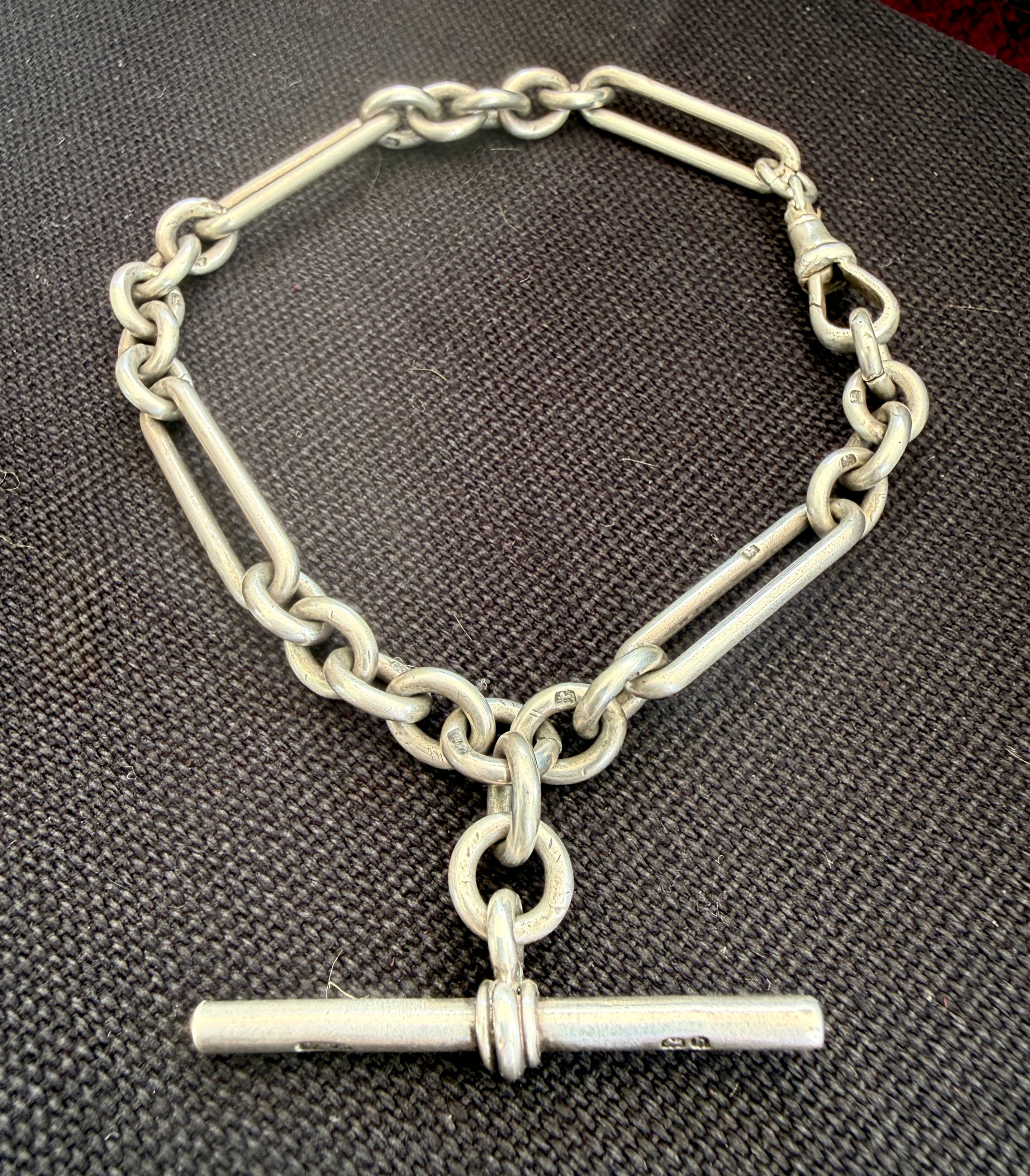 Antique silver trombone link bracelet with t-bar