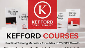 Kefford Courses displayed as books. Sales Surge. Branding Boost. Hiring Guide.