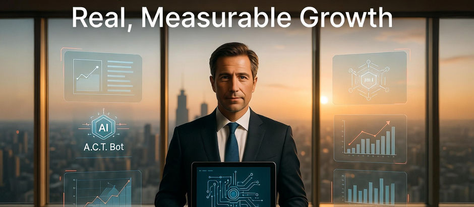 Business person holding a laptop showing technological growth with the A.C.T. bot from their office overlooking a city at sunset.