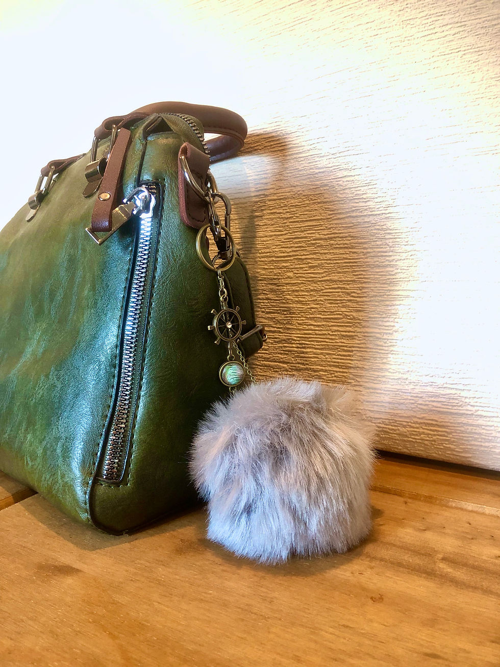 Thumbnail: Faux Fur Brass Round Pendant Pom Pom Keyring