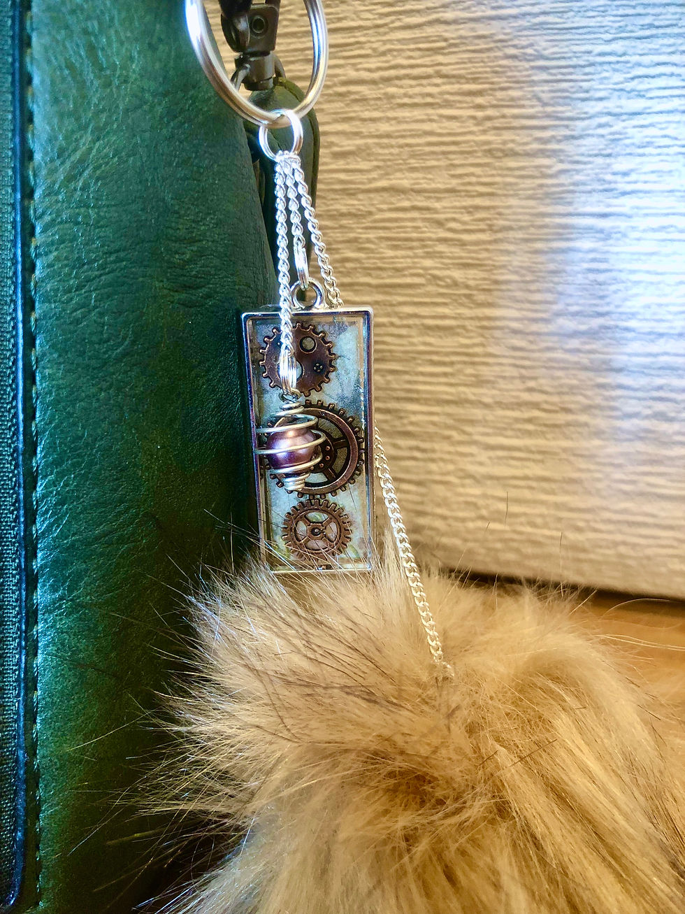 Thumbnail: Faux Fur Resin Cog Pendant Pom Pom Keyring