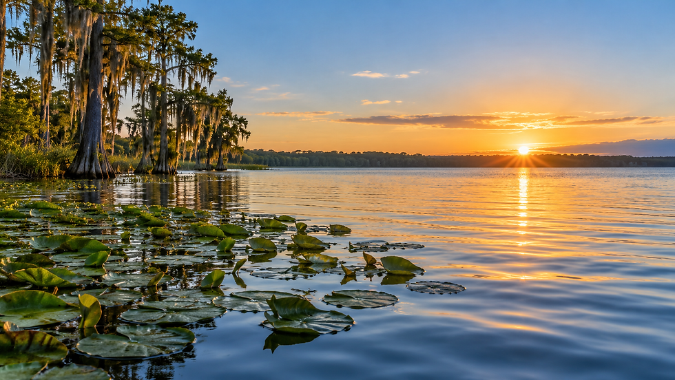 Morning sunlight falls across lily pads and cypress trees beside a calm Florida lake.