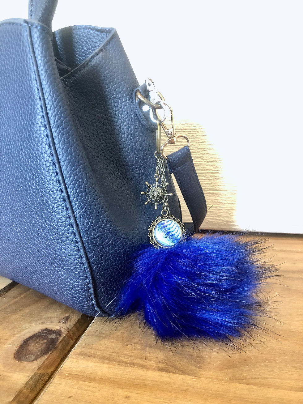 Thumbnail: Faux Fur Brass Dome Pendant Pom Pom Keyring