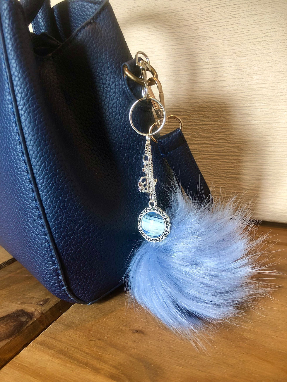 Thumbnail: Faux Fur Silver Dome Pendant Pom Pom Keyring