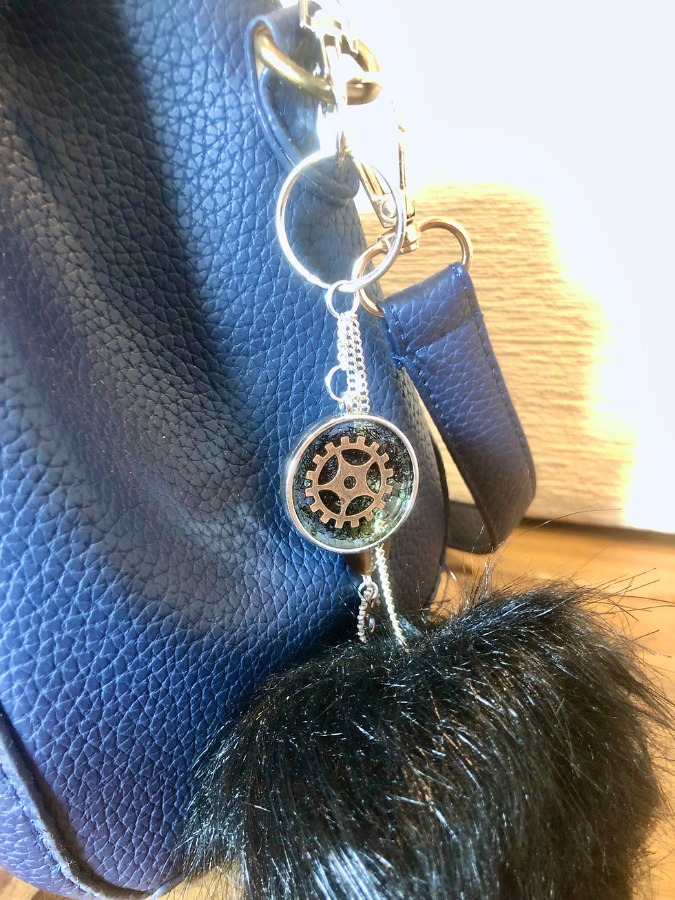 Thumbnail: Faux Fur Resin Cog Pendant Pom Pom Keyring