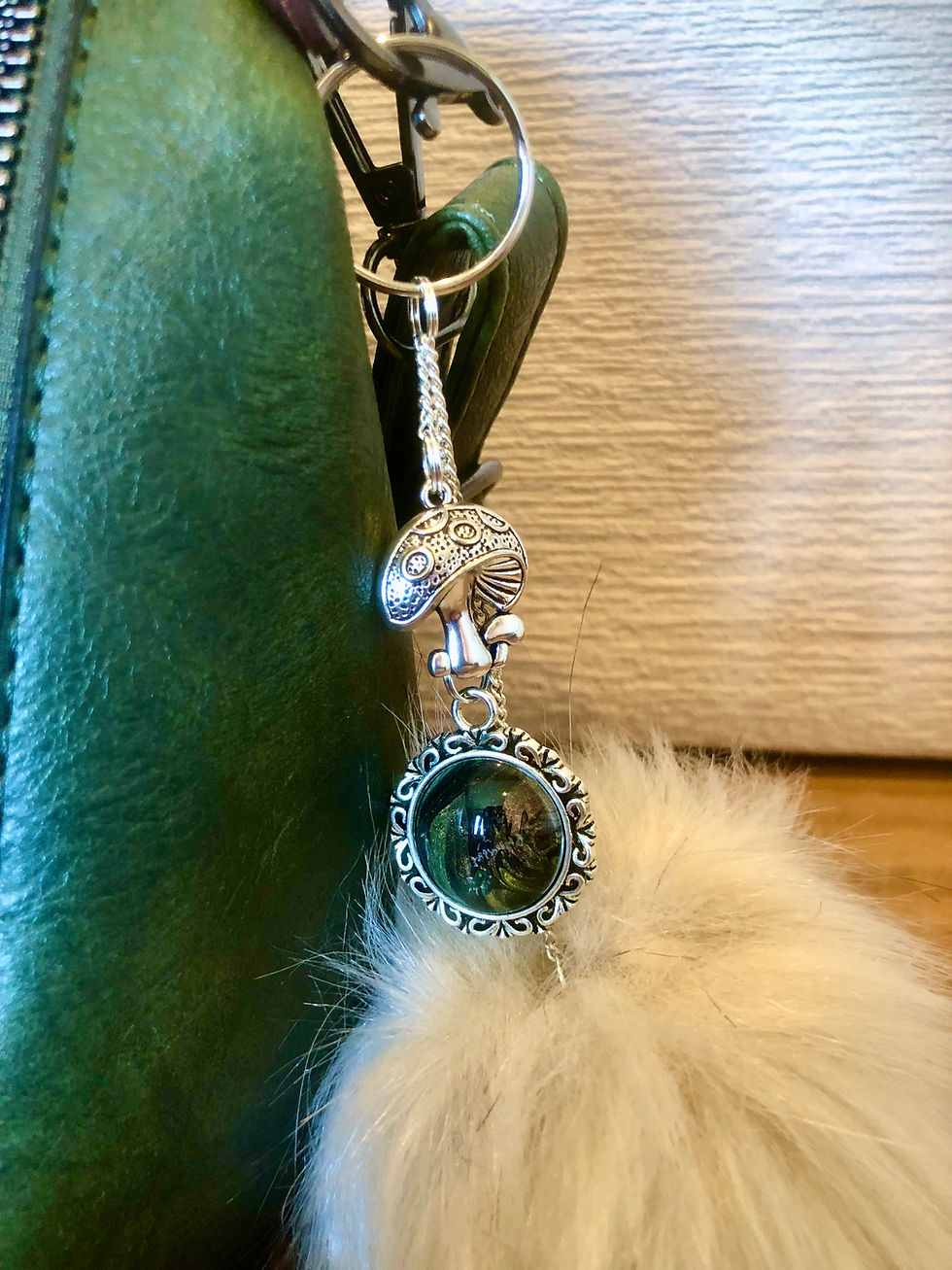 Thumbnail: Faux Fur Silver Dome Pendant Pom Pom Keyring