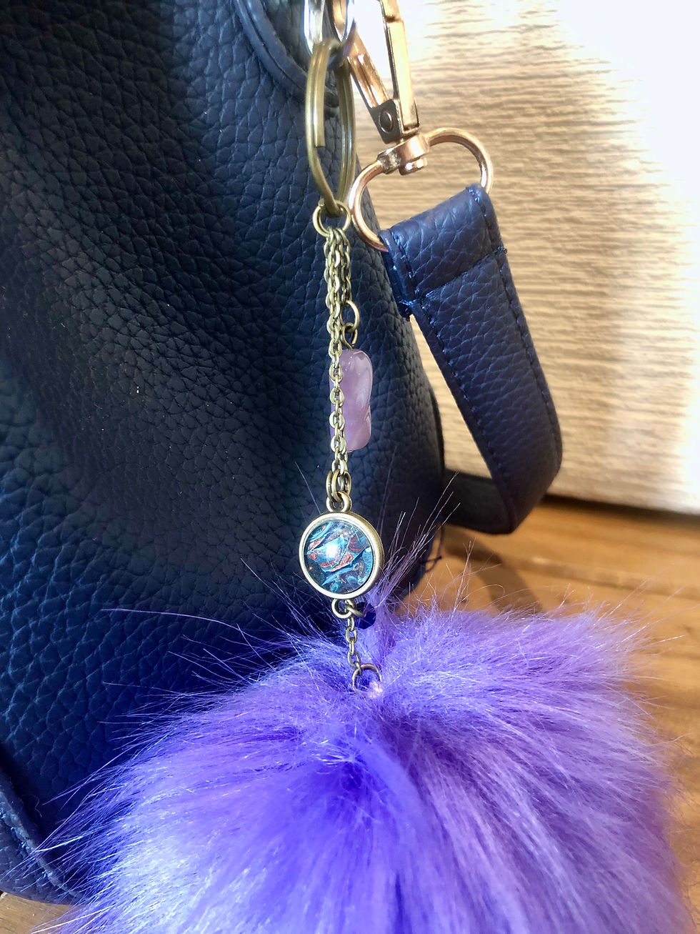 Thumbnail: Faux Fur Brass Round Pendant Pom Pom Keyring