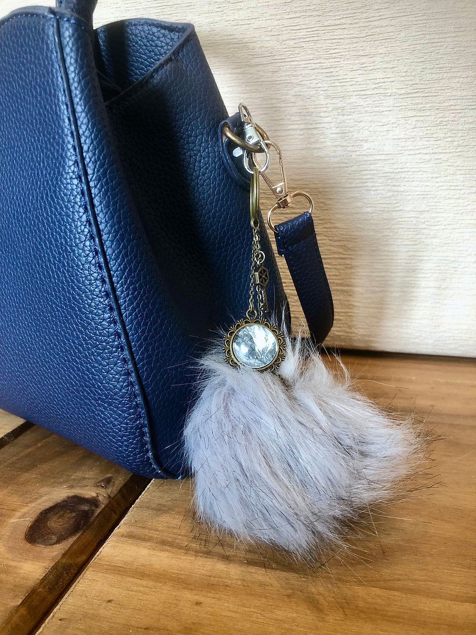 Thumbnail: Faux Fur Brass Dome Pendant Pom Pom Keyring