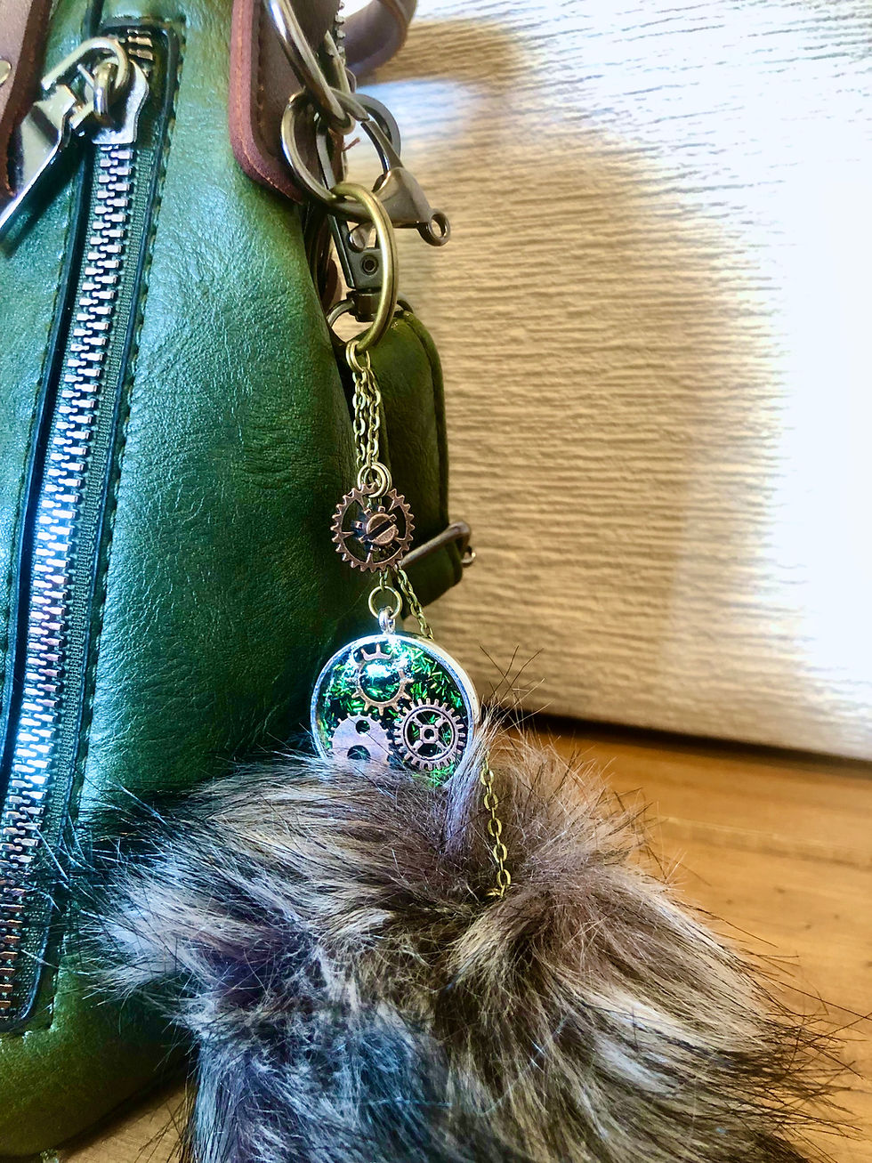 Thumbnail: Faux Fur Resin Cog Pendant Pom Pom Keyring