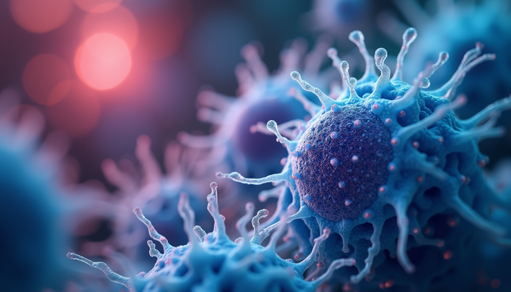 Close-up view of human cells under a microscope showing cellular activity