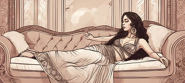 Bellydancer in dress laying on therapy coach in past life regression.jpg