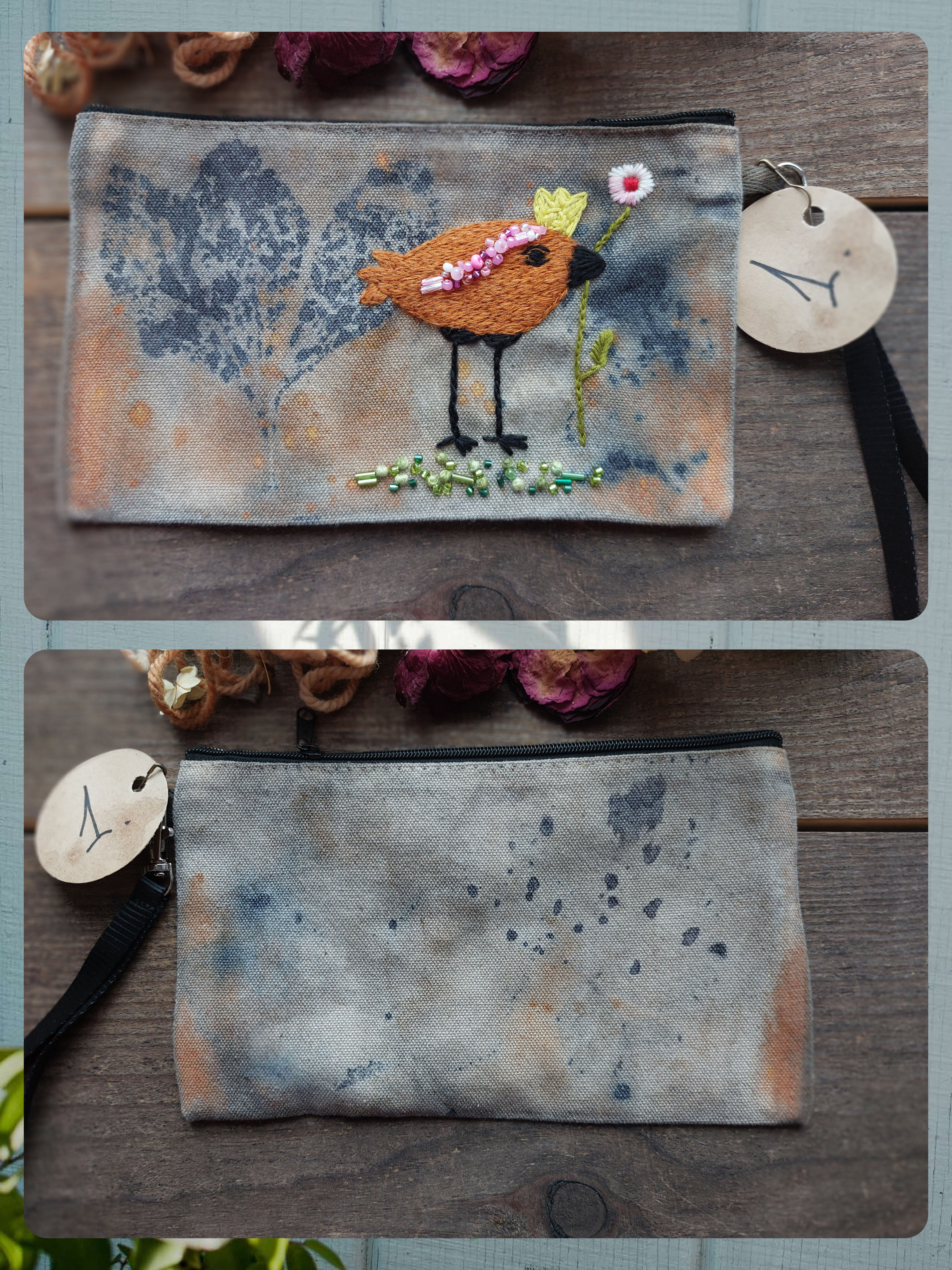 Embroidered  bird pouches.