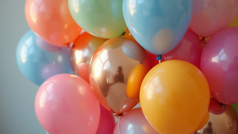 Close-up view of colorful balloon bouquet with metallic and latex balloons