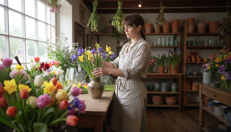 Eye-level view of a woman arranging flowers in a small shop.
