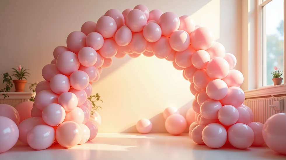 Eye-level view of balloon arch framing a party entrance with pastel colors