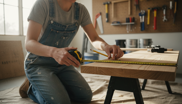 Close-up view of a woman measuring wood at a home repair project.